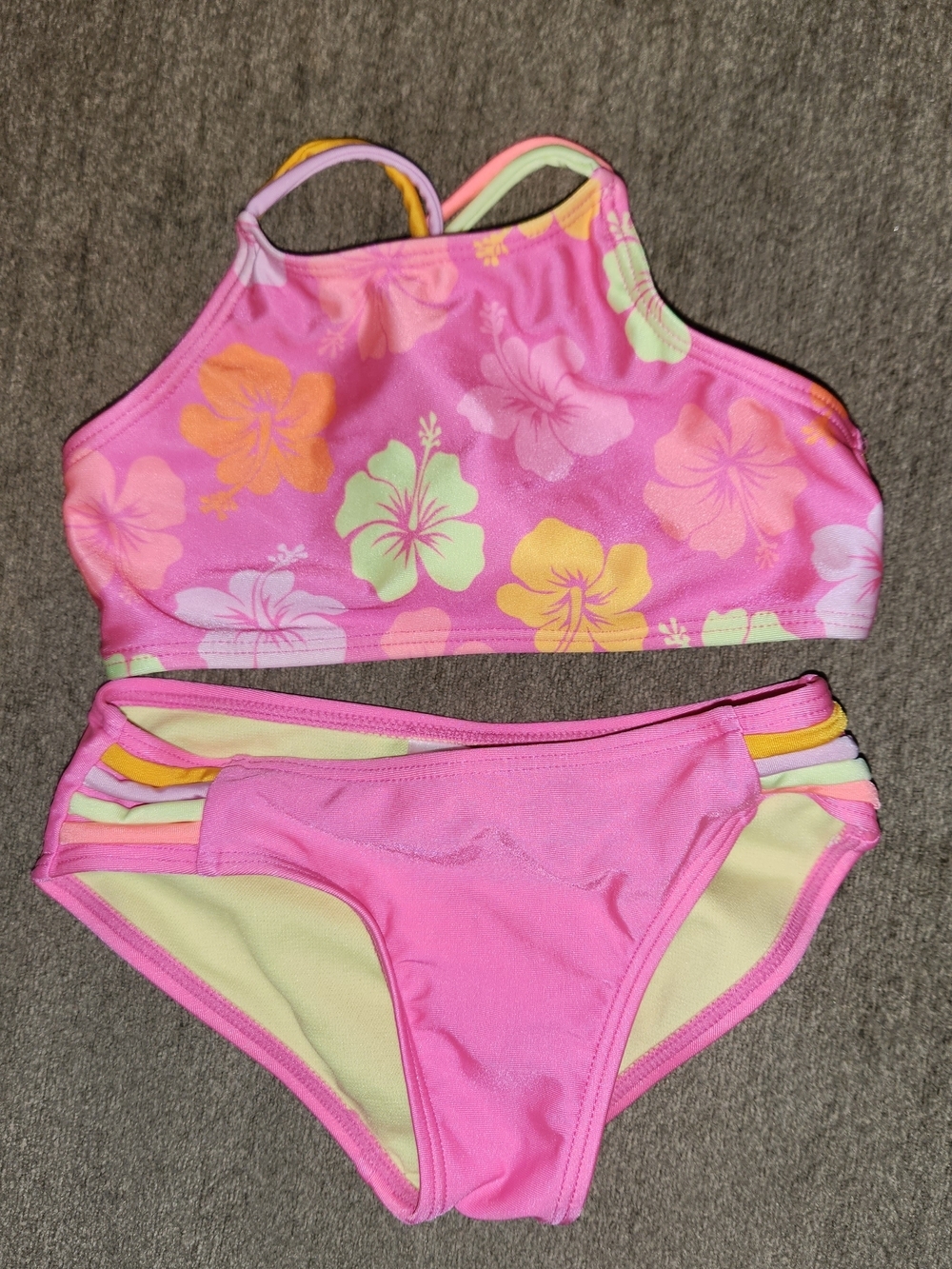 Cat & Jack Pink Floral High-Neck Bikini Set with Multi-Color Straps